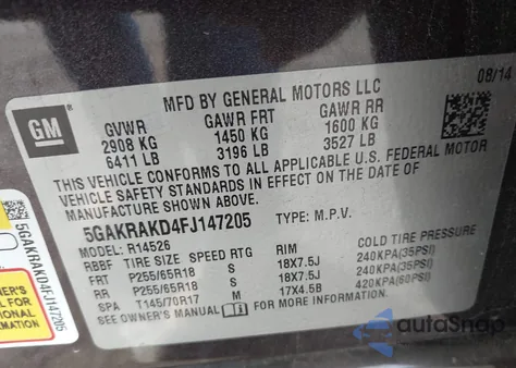 2015 Buick Enclave Convenience from USA, damaged, VIN 5GAKRAKD4FJ147205